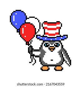 Penguin celebrating 4th of July, pixel art animal character isolated on white background. Old school retro 80's-90's 8 bit slot machine, video game graphics. Cartoon USA Independence day mascot.