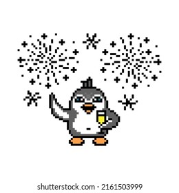 Penguin with a champagne glass waving his flipper watches fireworks, pixel art character. New Year, birthday party, Independence Day, wedding, holiday, victory celebration mascot. Congratulation card.