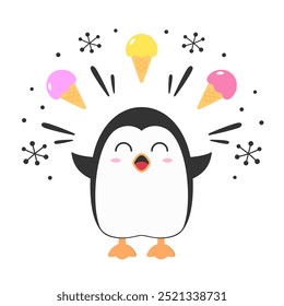 Personagem pinguim desenho animado sorvete alegria feliz sorriso feriado inverno neve bonito vetor ilustração.