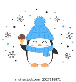 Penguin character cartoon ice cream winter hat happy smile holiday snow cute vector illustration.