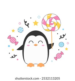 Pinguin Charakter Cartoon Lollipop Bonbons glückliches Lächeln niedlich helle Vektorgrafik.