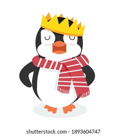 Carácter pingüino con rey de la corona