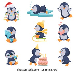 Penguin Character Enjoying Winter Season Vector Illustrations Set