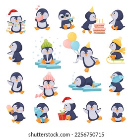 Penguin Character Enjoying Winter Season Big Vector Set