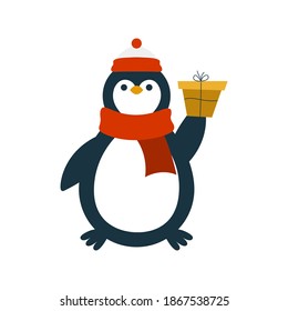 Penguin character with gift isolated on white background. Can be used for Christmas card, sticker, poster, etc.