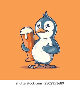 
Penguin character holding a beer glass vector illustration. Funny, global warming, drinks design concept.