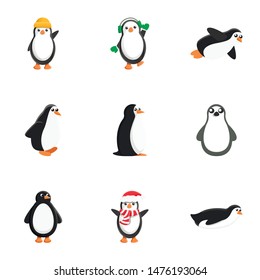 Penguin character icon set. Cartoon set of 9 penguin character vector icons for web design isolated on white background