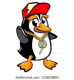 penguin character mascot vector illustration wearing a gold chain and candy wearing a hip hop style hat