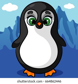 Penguin Character on Ice, Cartoon Hand Drawn Vector Illustration EPS10