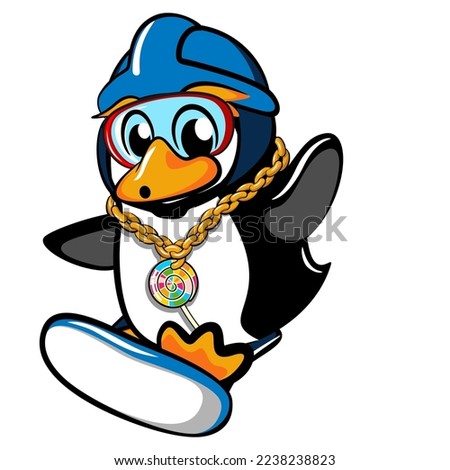 penguin character vector mascot illustration wearing gold chain necklace hip hop style wearing snow surfing helmet
