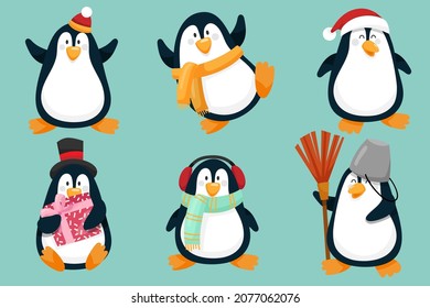 Personajes pingüinos en diferentes poses y escenas. Merry Christmas recorte elemento Tarjetas de vacaciones, invitaciones y decoración de celebración de sitios web. Ilustración vectorial plana