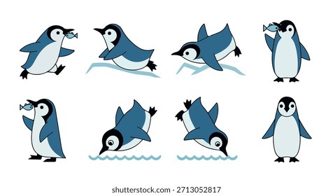 Personagens pinguins em várias poses com fundo transparente
