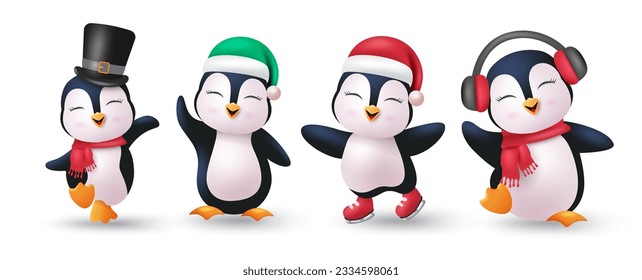 Penguin characters vector set design. Christmas penguins happy smiling character wearing xmas hat, head phone and scarf elements. Vector illustration cute mascot penguin collection. 
