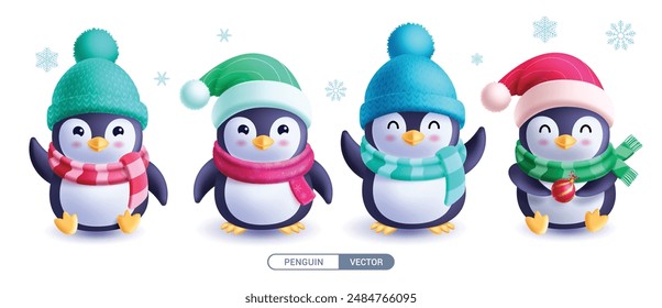 Penguin characters vector set design. Christmas penguins happy smiling character wearing xmas hat and scarf elements isolated in white background. Vector illustration cute mascot penguin collection.
