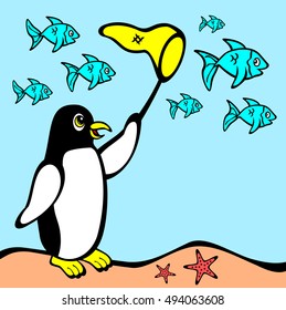 Penguin chasing fish.  Penguin with a net underwater chasing fish.