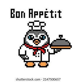 Penguin chef cook with cloche and "Bon Appetit" text, cute pixel art animal character isolated on white background. Old school retro 80s, 90s 8 bit slot machine, video game graphics. Restaurant mascot