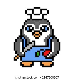 Penguin chef cook in a hat and apron with a knife and red apple, cute cartoon pixel art animal character isolated on white background. Old school retro 80s, 90s 8 bit slot machine, video game graphics