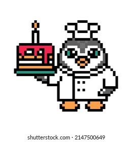 Penguin chef cook serving a birthday cake with a burning candle, Cartoon pixel art animal character on white background. Retro 8 bit slot machine, video game graphics. Restaurant or bakery mascot.