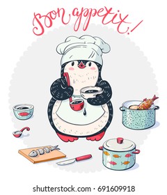 Chef pingüino con utensilios de cocina y pescado. Ilustración vectorial.