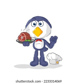the penguin chef with meat mascot. cartoon vector