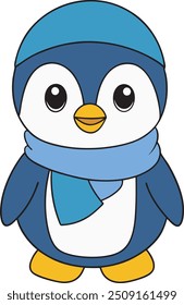 Pinguim garota com um gorro bonito e um fundo branco pequeno cachecol