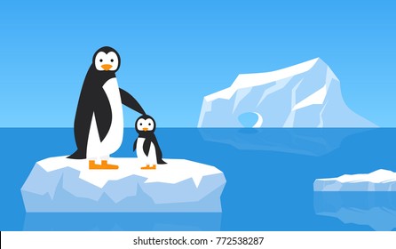 penguin with chick on  ice floe