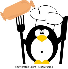 penguin chief cooker with sausage and cutlery