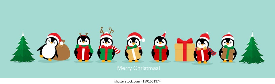 Penguin. Christmas background. Christmas Greeting Card. Vector illustration.