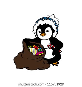penguin with christmas bag full of presents