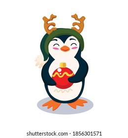 penguin with a Christmas ball in a hat with horns illustration isolated on a white background