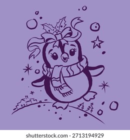 Pingüino con el Vector del arco de la Navidad para la ilustración, tarjeta, decoración
