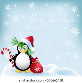 Penguin with Christmas candy, red bag and Santa hat 