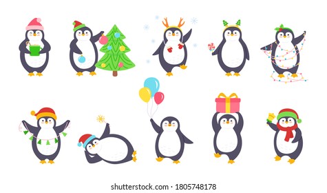 Penguin christmas cartoon set. Cute flat hand drawn penguins collection. Smile happy character with santa hat or horns, tree, garland, gift bell, cup. New year Christmas. Isolated vector illustration