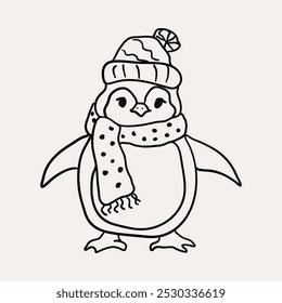 Penguin, Christmas characters. Christmas hand drawn whimsical line art icons 2. Xmas clipart, Vector illustrations, Hand sketched doodle icons, Quirky style drawing