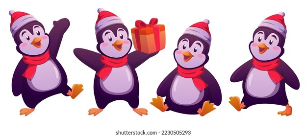 Penguin christmas characters set with santa hat, gift and scarves