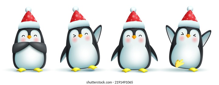 Penguin christmas characters vector set. 3d penguin character in friendly and cute pose and gestures with santa hat isolated in white background for xmas collection design. Vector illustration.
