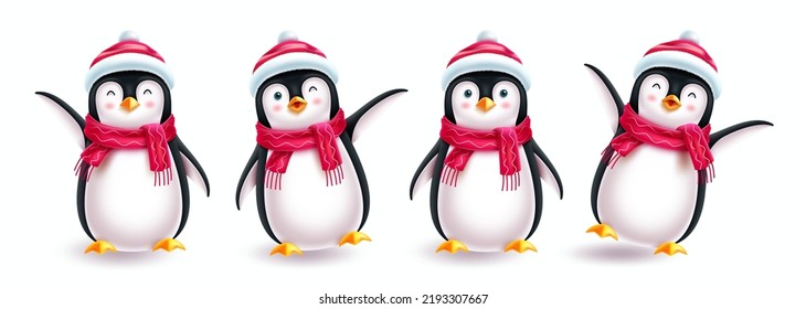 Penguin christmas characters vector set. 3d penguin cute character in friendly expressions with isolated in white background for xmas collection design. Vector illustration.
