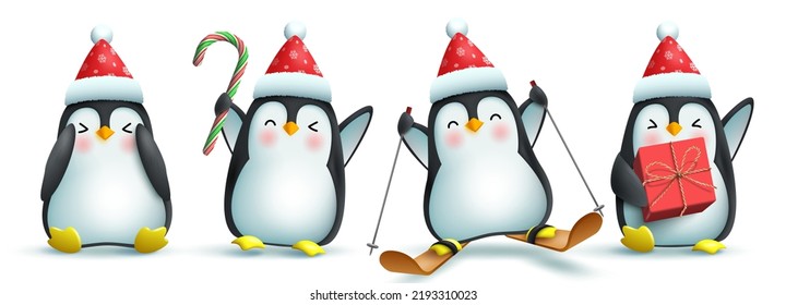 Penguin christmas characters vector set. Penguin 3d character in cute and friendly face with santa hat, gift and skate elements for xmas collection design. Vector illustration.
