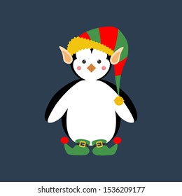 Penguin in christmas costume illustration on the blue background. Vector illustration