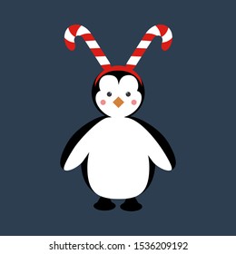 Penguin in christmas costume illustration on the blue background. Vector illustration