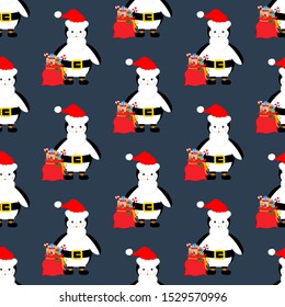 Pingüino con disfraces de Navidad sin fisuras en el fondo azul. Ilustración del vector
