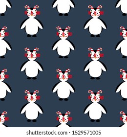 Penguin in christmas costume seamless pattern on the blue background. Vector illustration