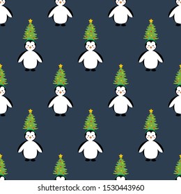 Penguin in christmas costume seamless pattern on the blue background. Vector illustration