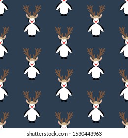 Penguin in christmas costume seamless pattern on the blue background. Vector illustration