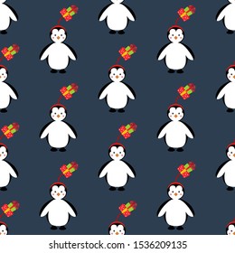 Penguin in christmas costume seamless pattern on the blue background. Vector illustration