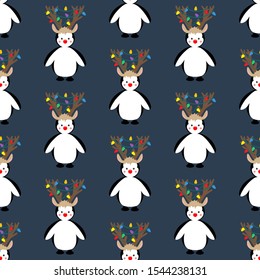 Penguin in christmas costume seamless pattern on the blue background. Vector illustration