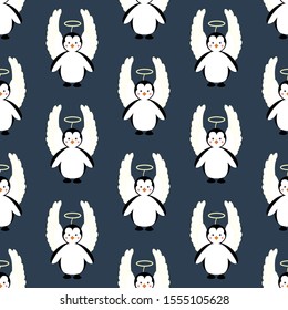 Penguin in christmas costume seamless pattern on the blue background. Vector illustration