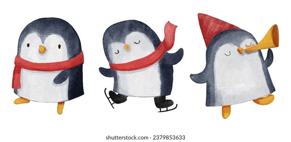 Penguin with christmas costume . Watercolor paint cartoon characters . Isolated . Set 1 of 7 . Vector .