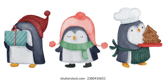 Penguin with christmas costume . Watercolor paint cartoon characters . Isolated . Set 2 of 7 . Vector .