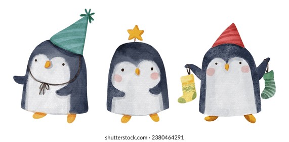 Penguin with christmas costume . Watercolor paint cartoon characters . Isolated . Set 4 of 7 . Vector .